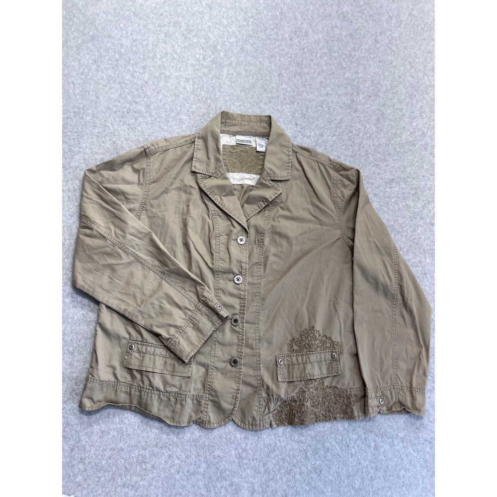 Chicos Vintage Tan Cotton Embroidered Button Front Utility Jacket Womens Size 3